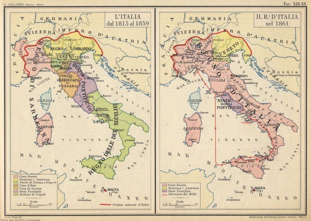 Mapa Włoch przed i po Zjednoczeniu. 