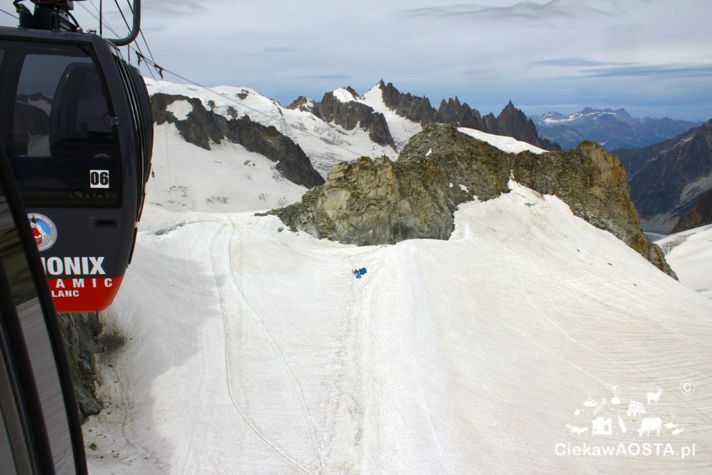Zdjęcie z drogi powrotnej na Punta Helbronner. Te małe punkty to namioty alpinistów rozbite na lodowcu.